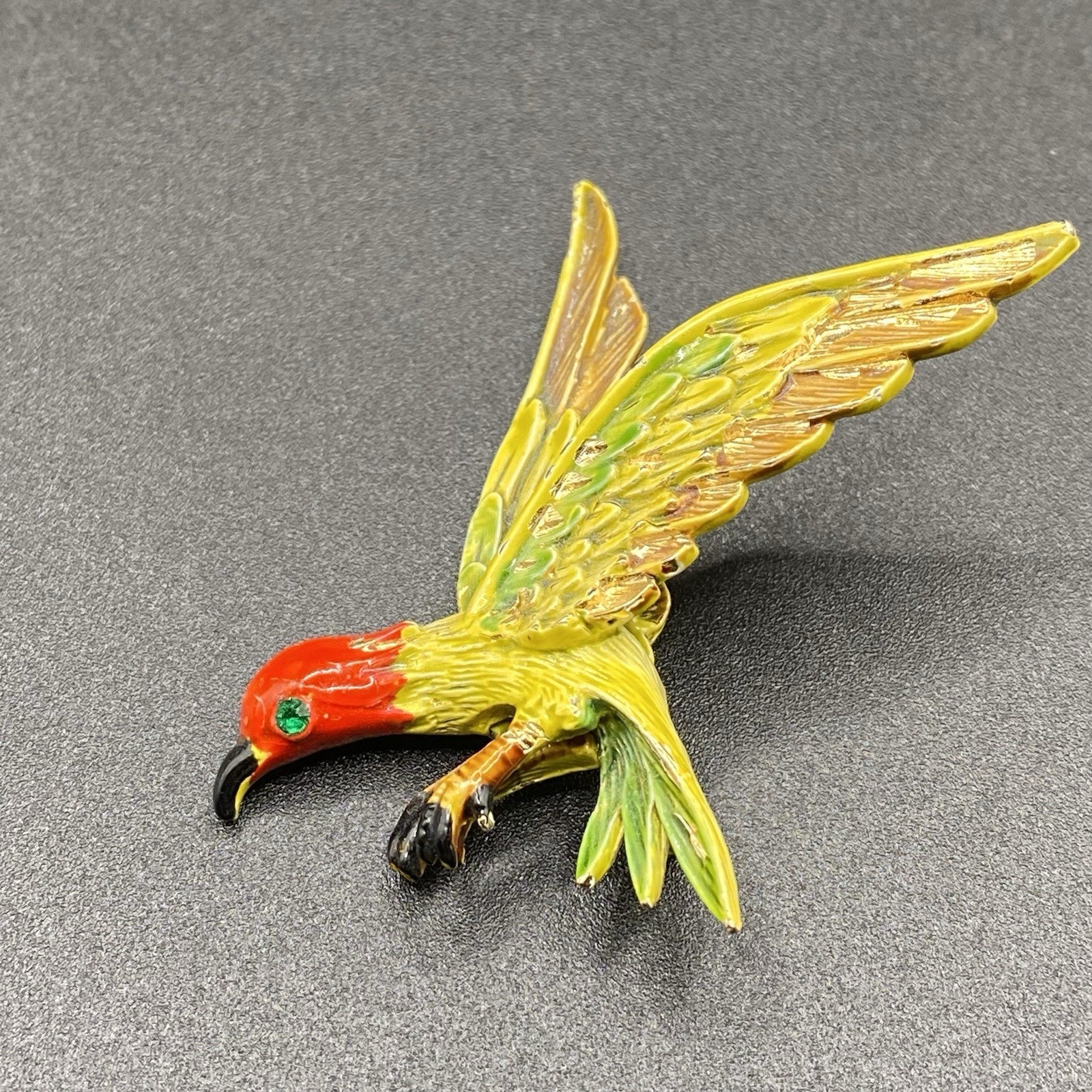 Vintage Signed Art Arther Pepper Enamel Bird Brooch Flying Macaw Gold Tone